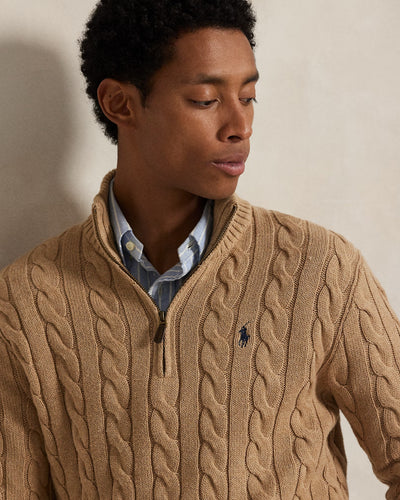 RL-Cable-Knit Cotton Quarter-Zip Jumper-BEIGE