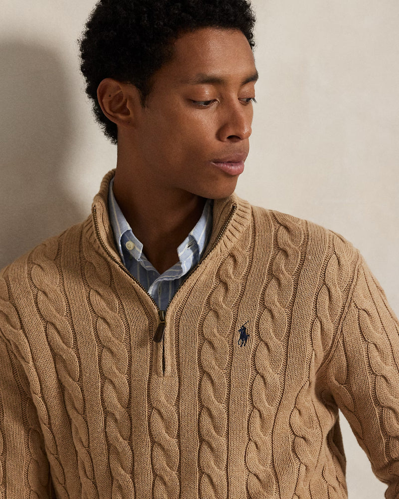 RL-Cable-Knit Cotton Quarter-Zip Jumper-BEIGE