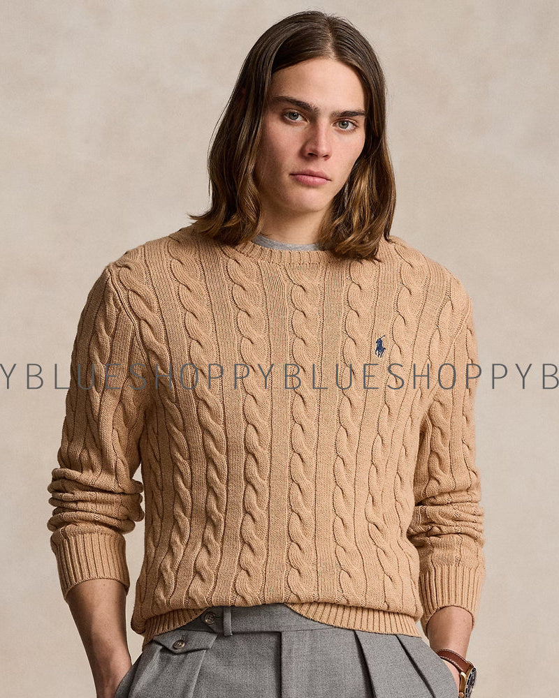RL CABLE KNIT COTTON SWEATER-camel