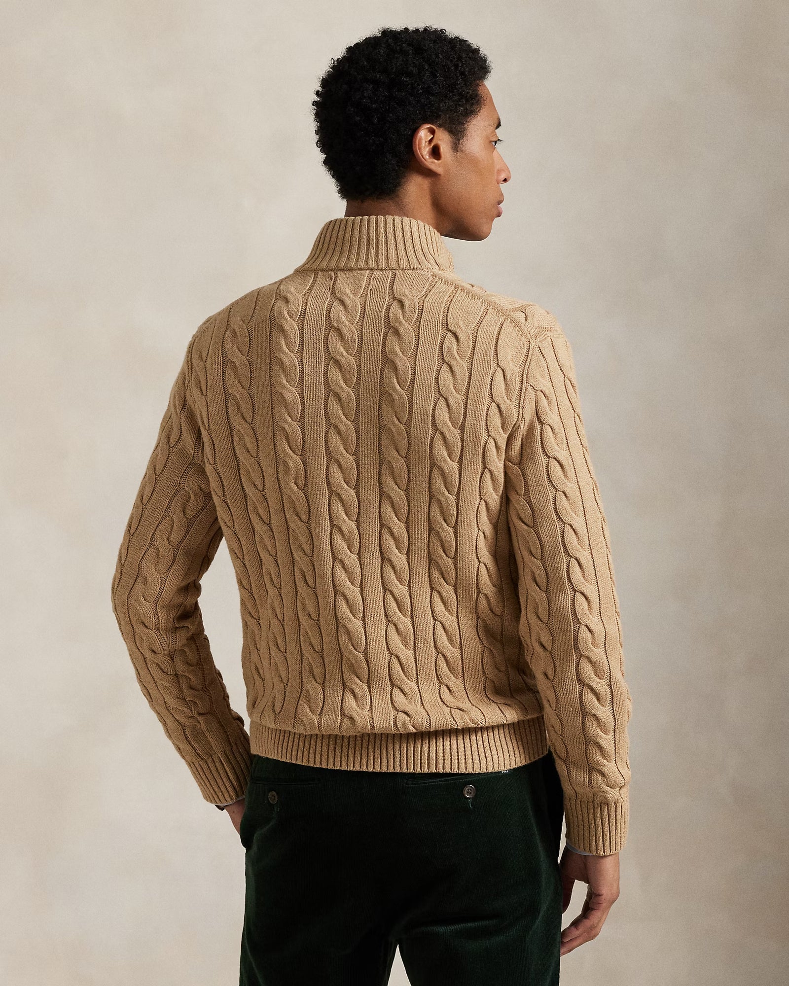 RL-Cable-Knit Cotton Quarter-Zip Jumper-BEIGE