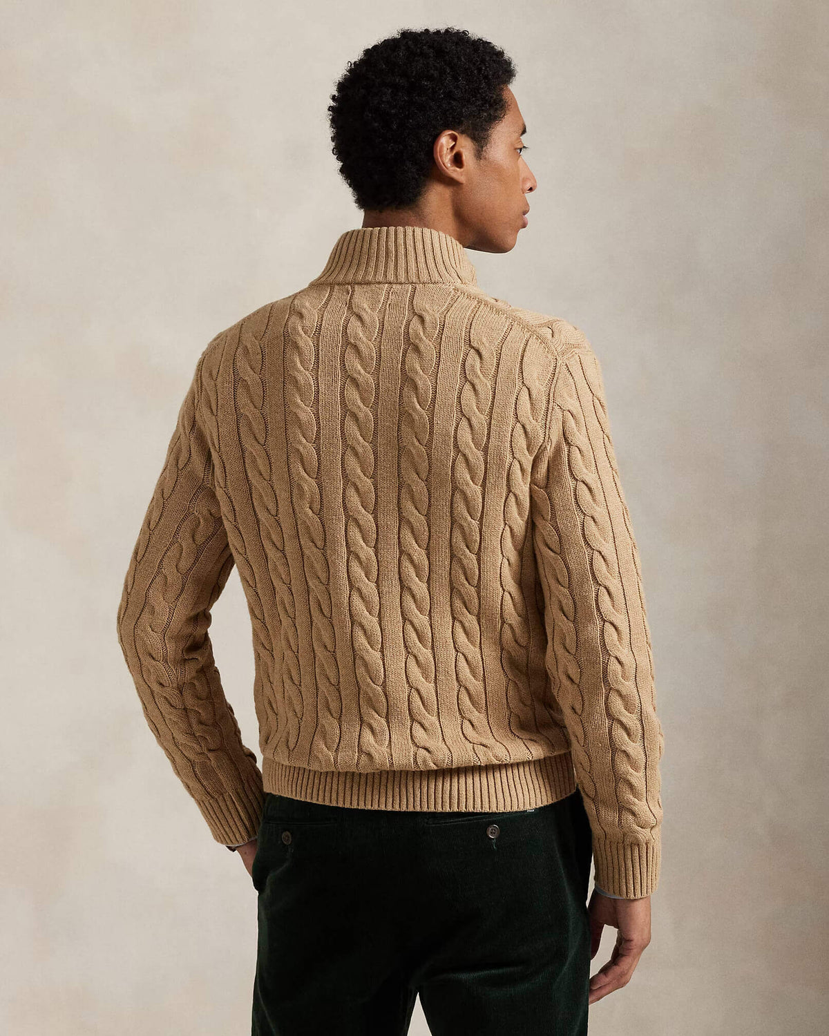 RL-Cable-Knit Cotton Quarter-Zip Jumper-BEIGE