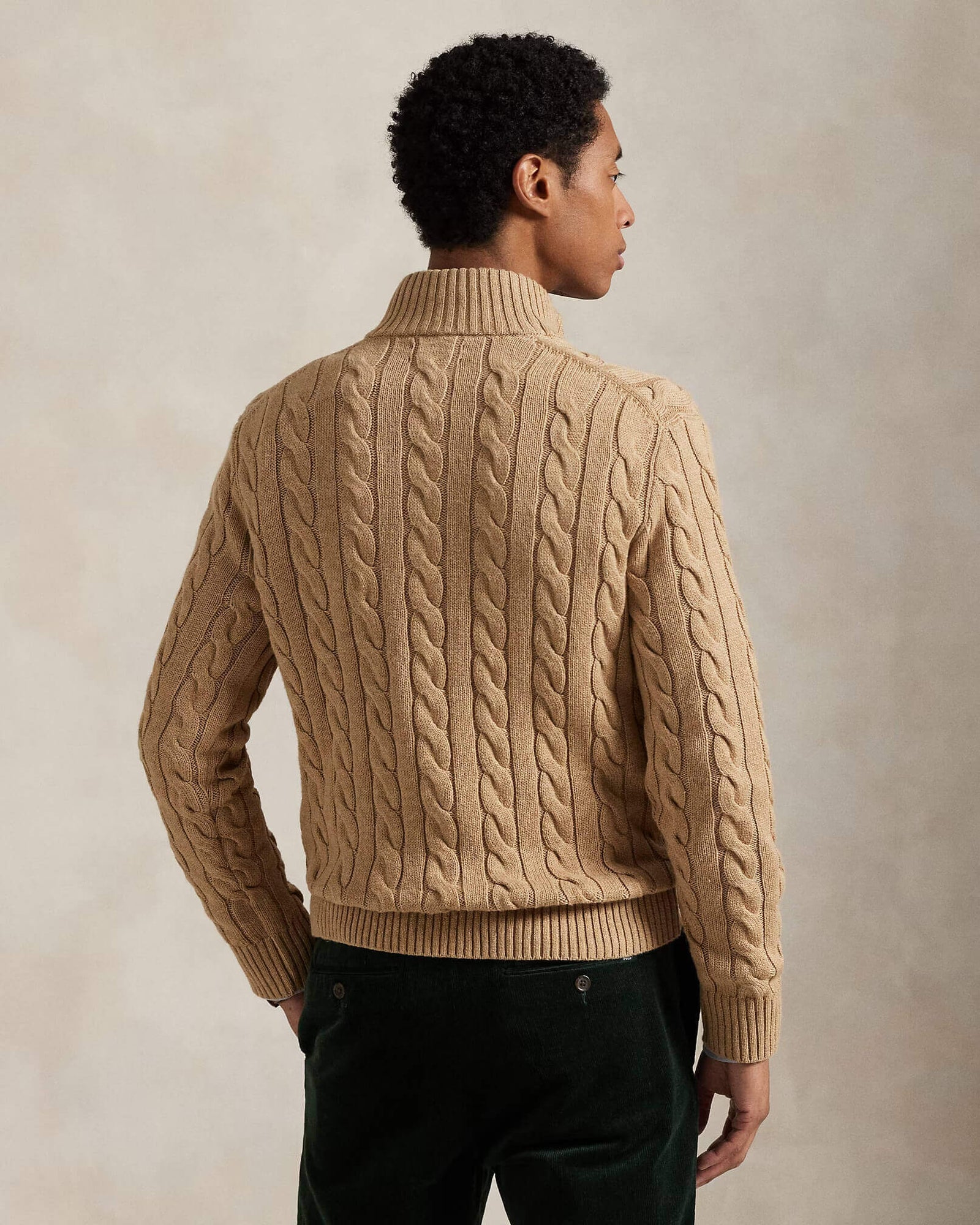 RL-Cable-Knit Cotton Quarter-Zip Jumper-BEIGE