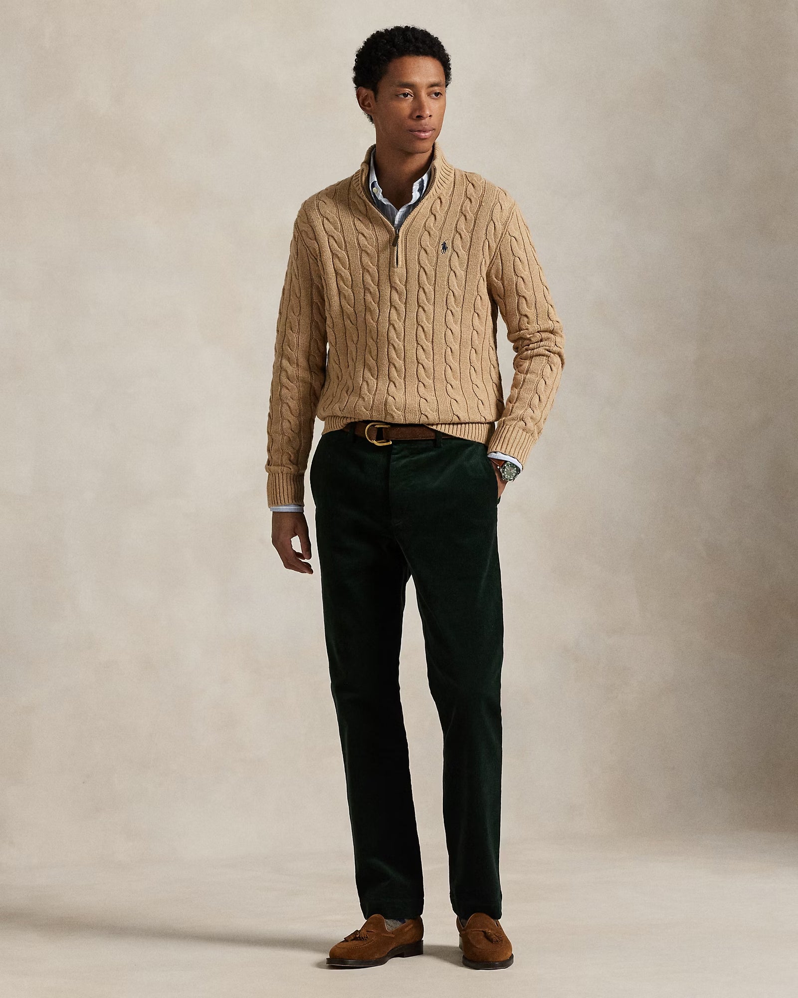 RL-Cable-Knit Cotton Quarter-Zip Jumper-BEIGE