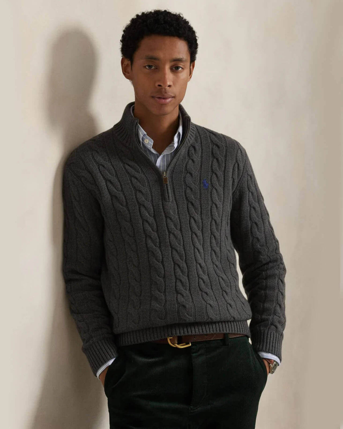 RL-Cable-Knit Cotton Quarter-Zip Jumper-CHARCOAL