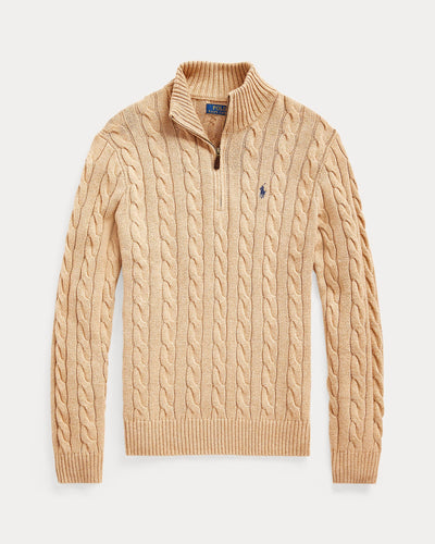 RL-Cable-Knit Cotton Quarter-Zip Jumper-BEIGE