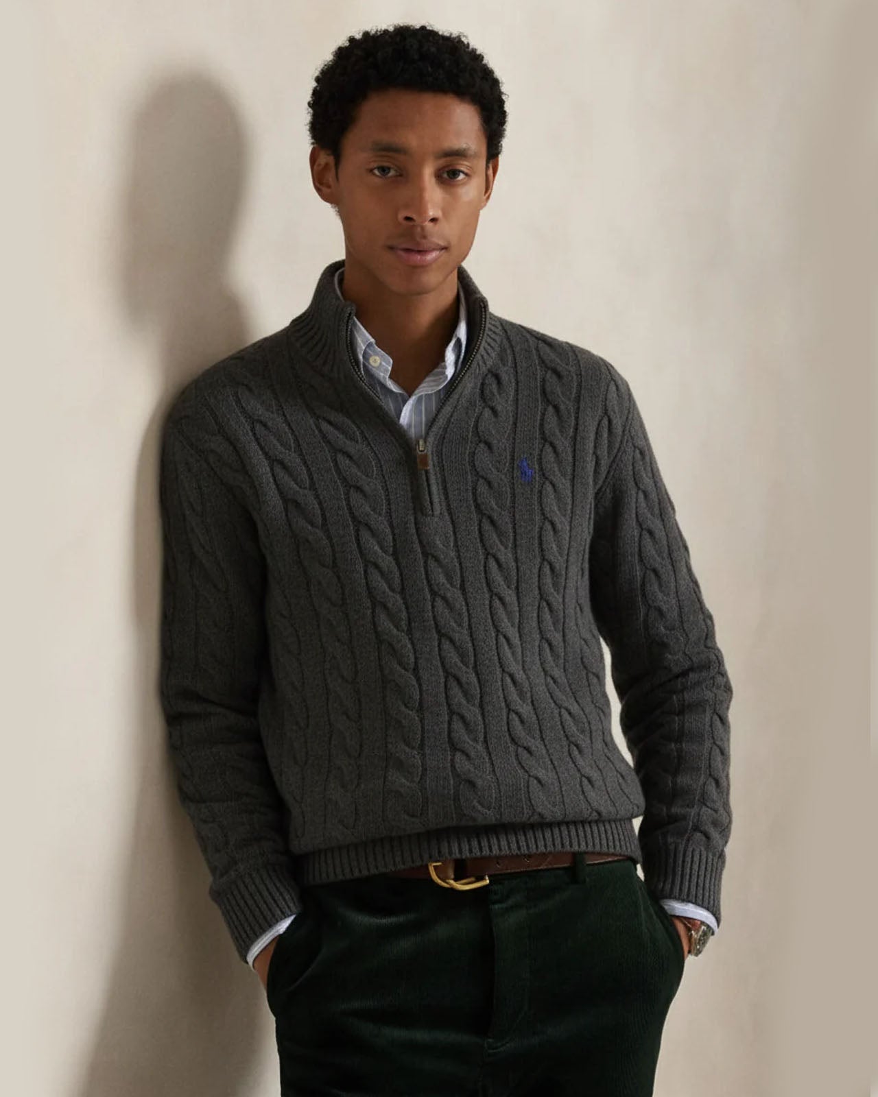 RL-Cable-Knit Cotton Quarter-Zip Jumper-CHARCOAL