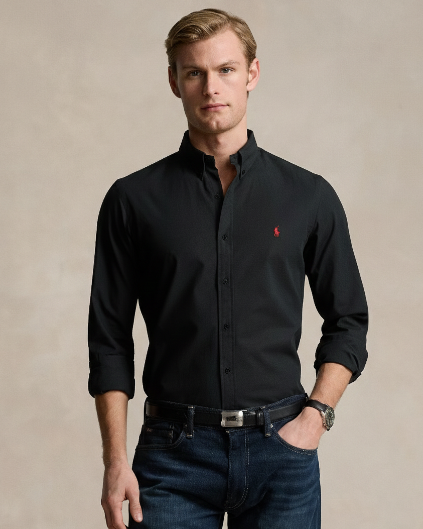 POLO RL BUTTON DOWN COSTUM FIT COTTON SHIRT-BLACK