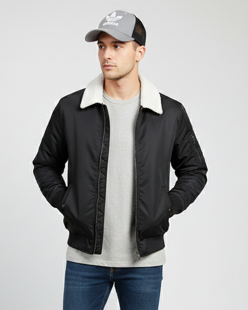 HOLSTR FUR COLLAR BLACK BOMBER JACKET