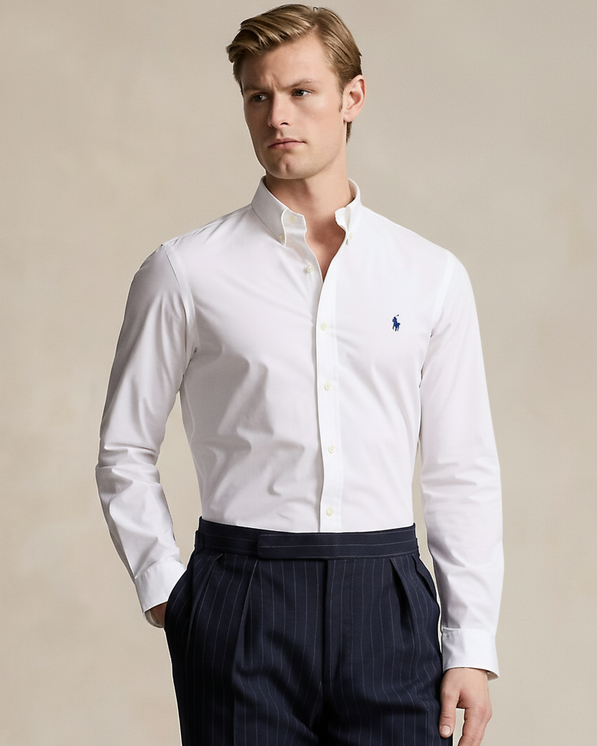 POLO RL BUTTON DOWN COSTUM FIT COTTON SHIRT-WHITE