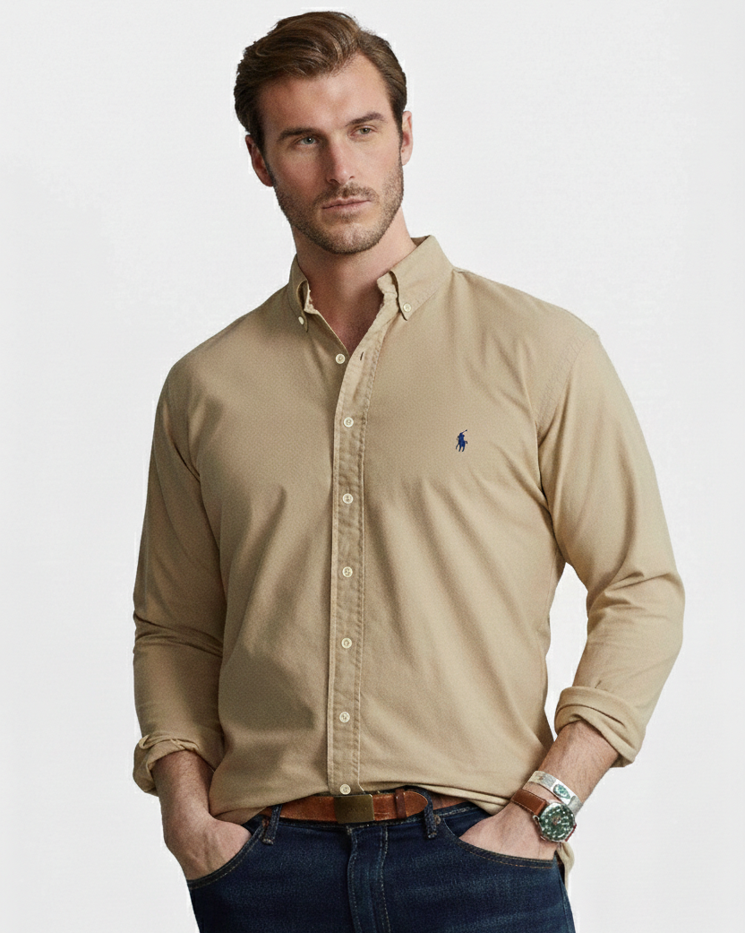 POLO RL BUTTON DOWN COSTUM FIT COTTON SHIRT-KHAKI
