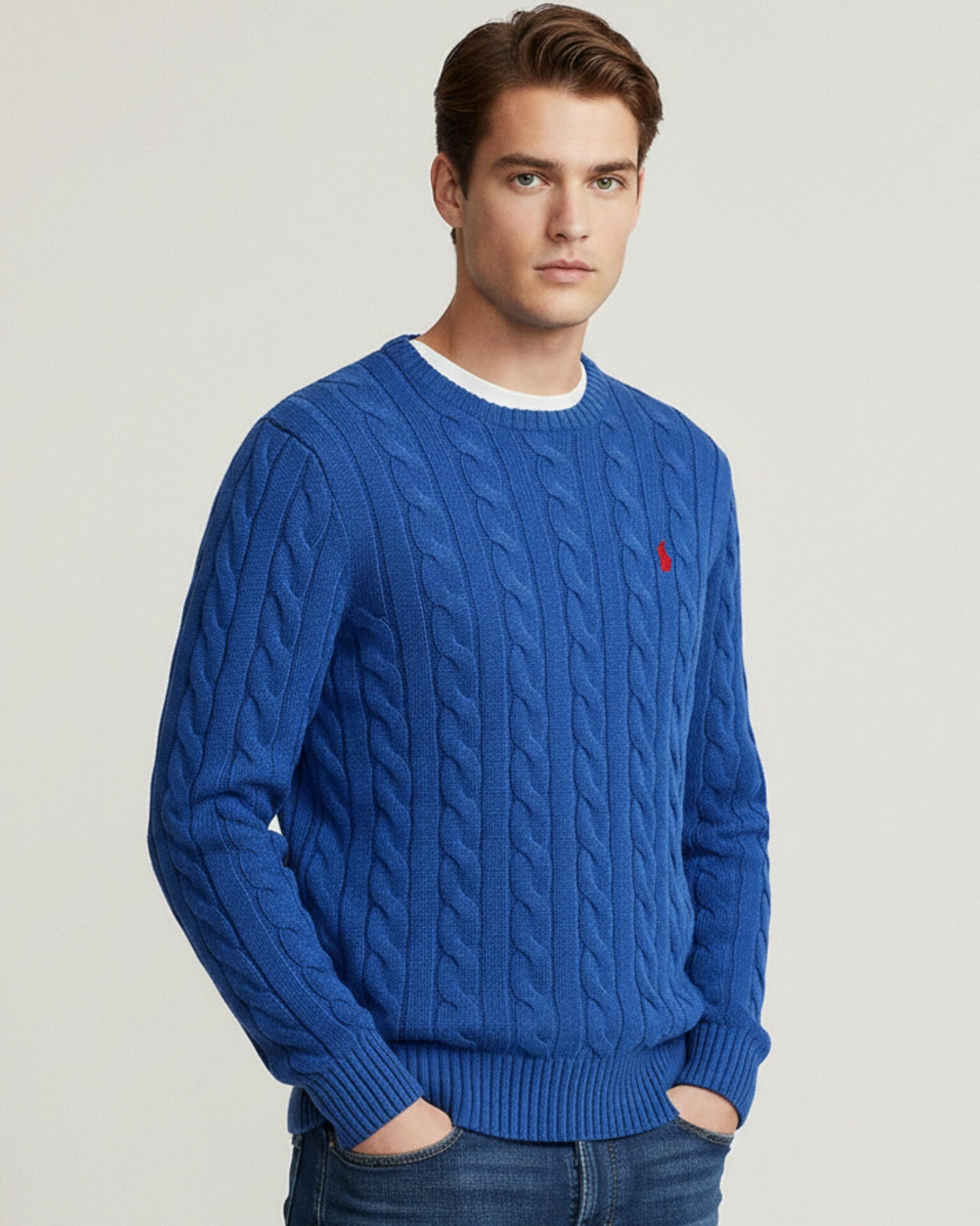 RL CABLE KNIT COTTON BLUE  SWEATER