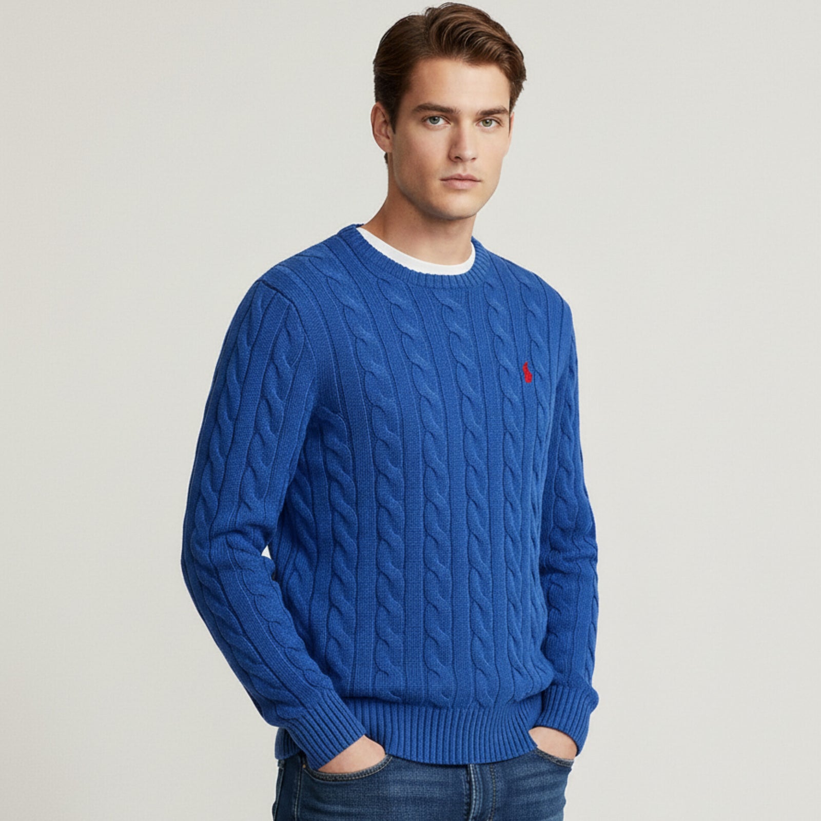 RL CABLE KNIT COTTON BLUE  SWEATER