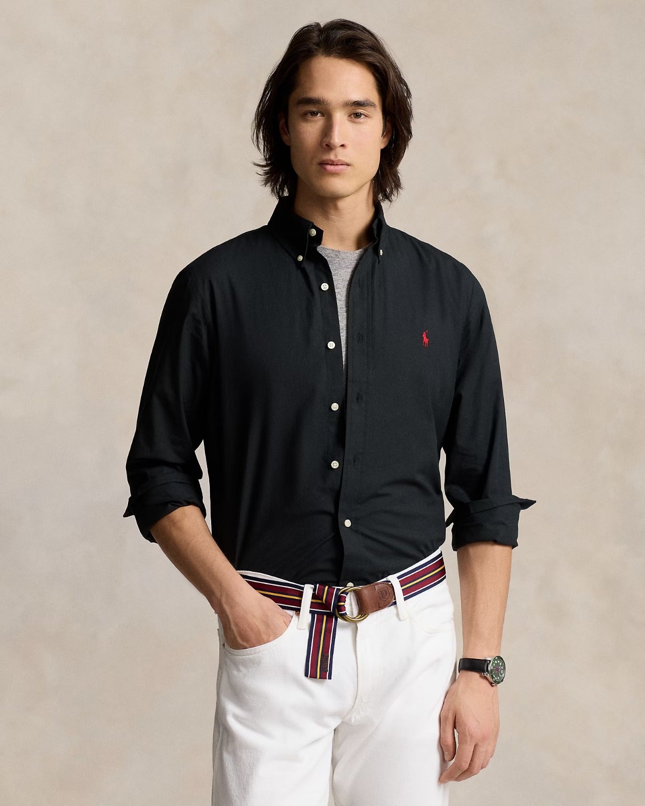 POLO RL BUTTON DOWN REGULAR FIT COTTON SHIRT-BLACK