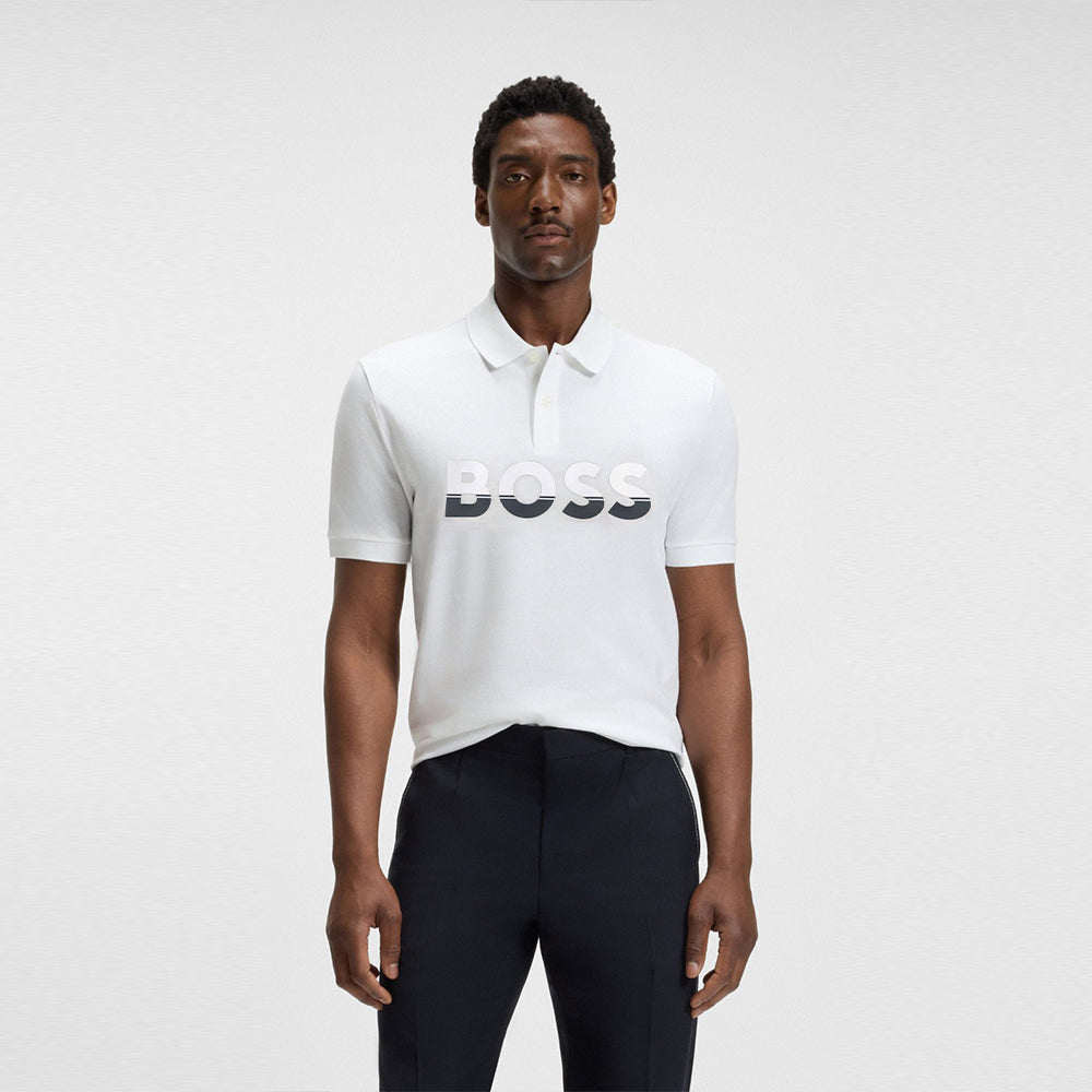 hg boss rubber print logo white polo