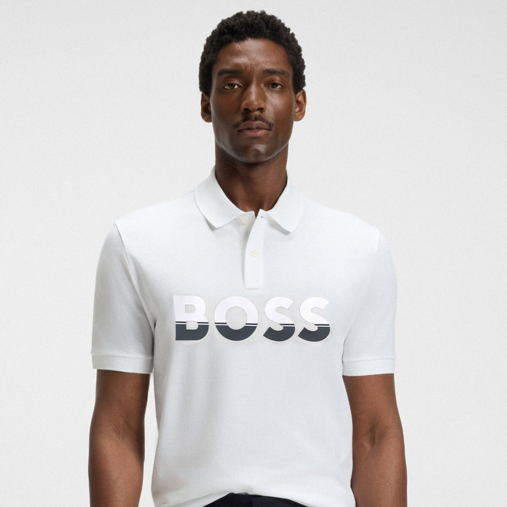 hg boss rubber print logo white polo