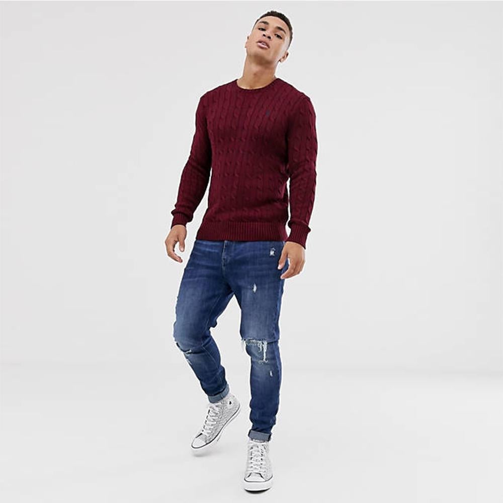 RL CABLE KNIT COTTON MAROON SWEATER